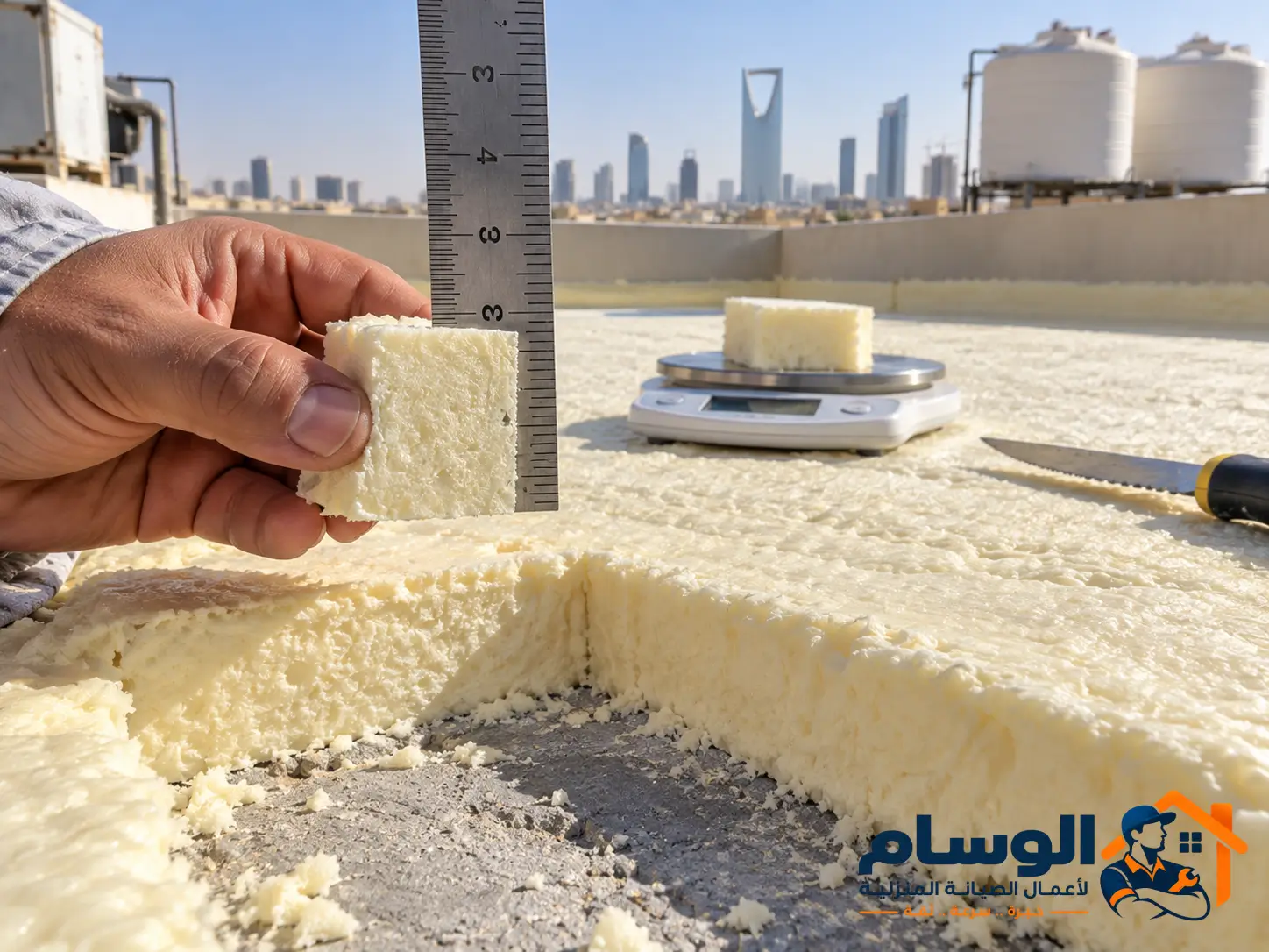قياس سماكة عينة الفوم ووزنها لحساب الكثافة قبل التغطية