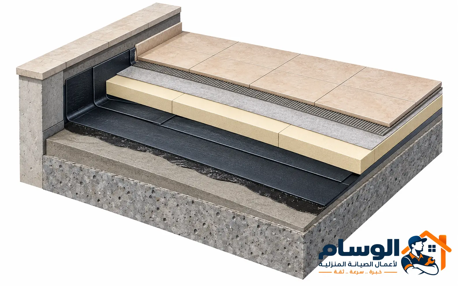 مقطع يوضح ترتيب طبقات عزل السطح من البلاطة إلى التشطيب